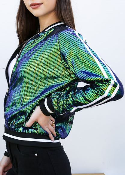 Chaqueta universitaria con lentejuelas metálicas a rayas