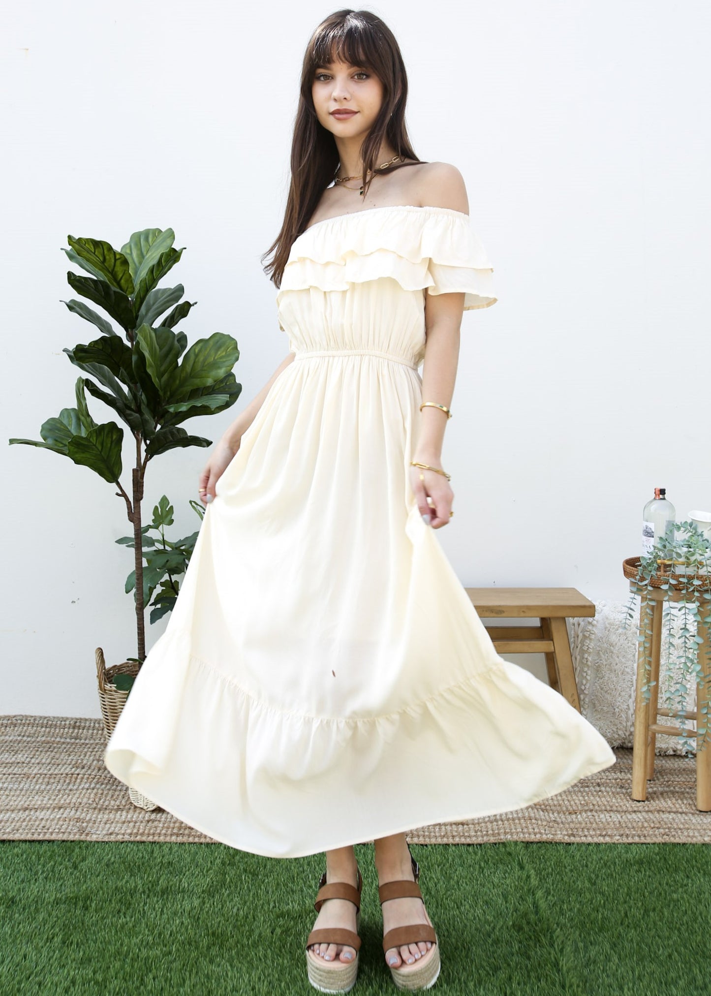 Grecian Ruffle Stretch Maxi Long Dress