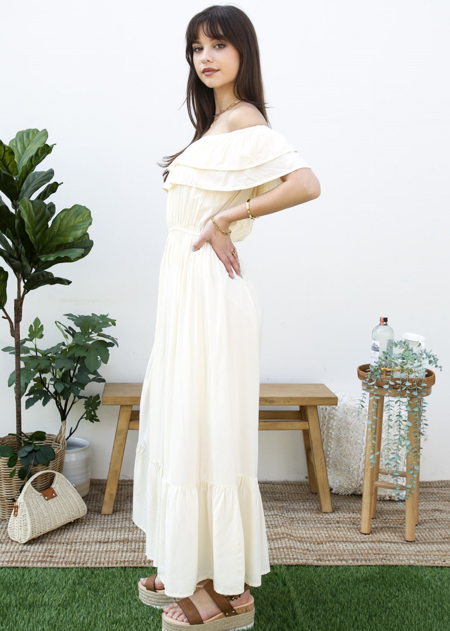 Grecian Ruffle Stretch Maxi Long Dress