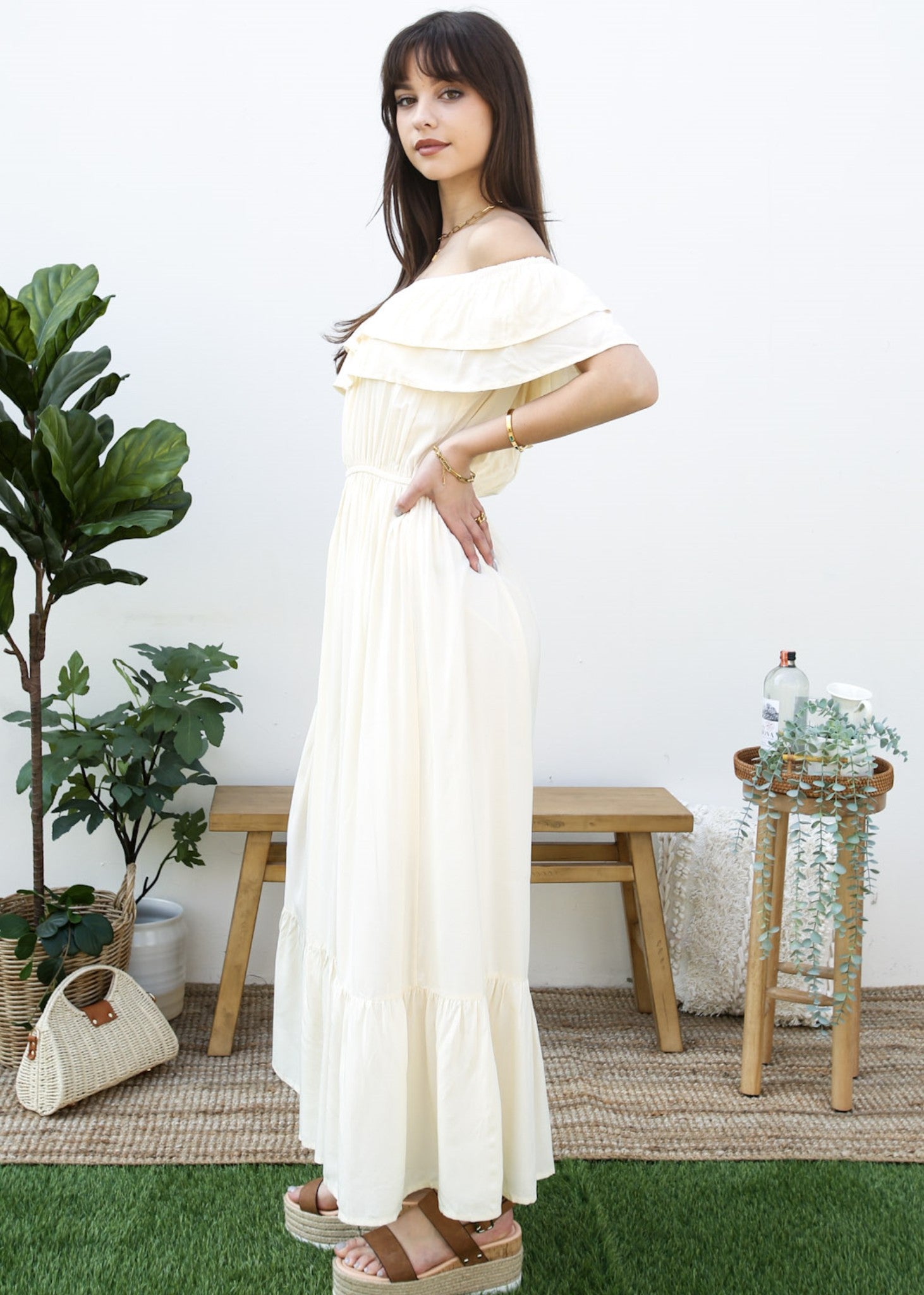 Vestido largo elástico con volantes de estilo griego