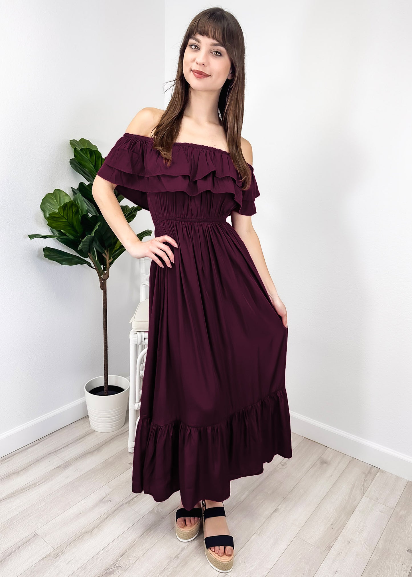 Grecian Ruffle Stretch Maxi Long Dress