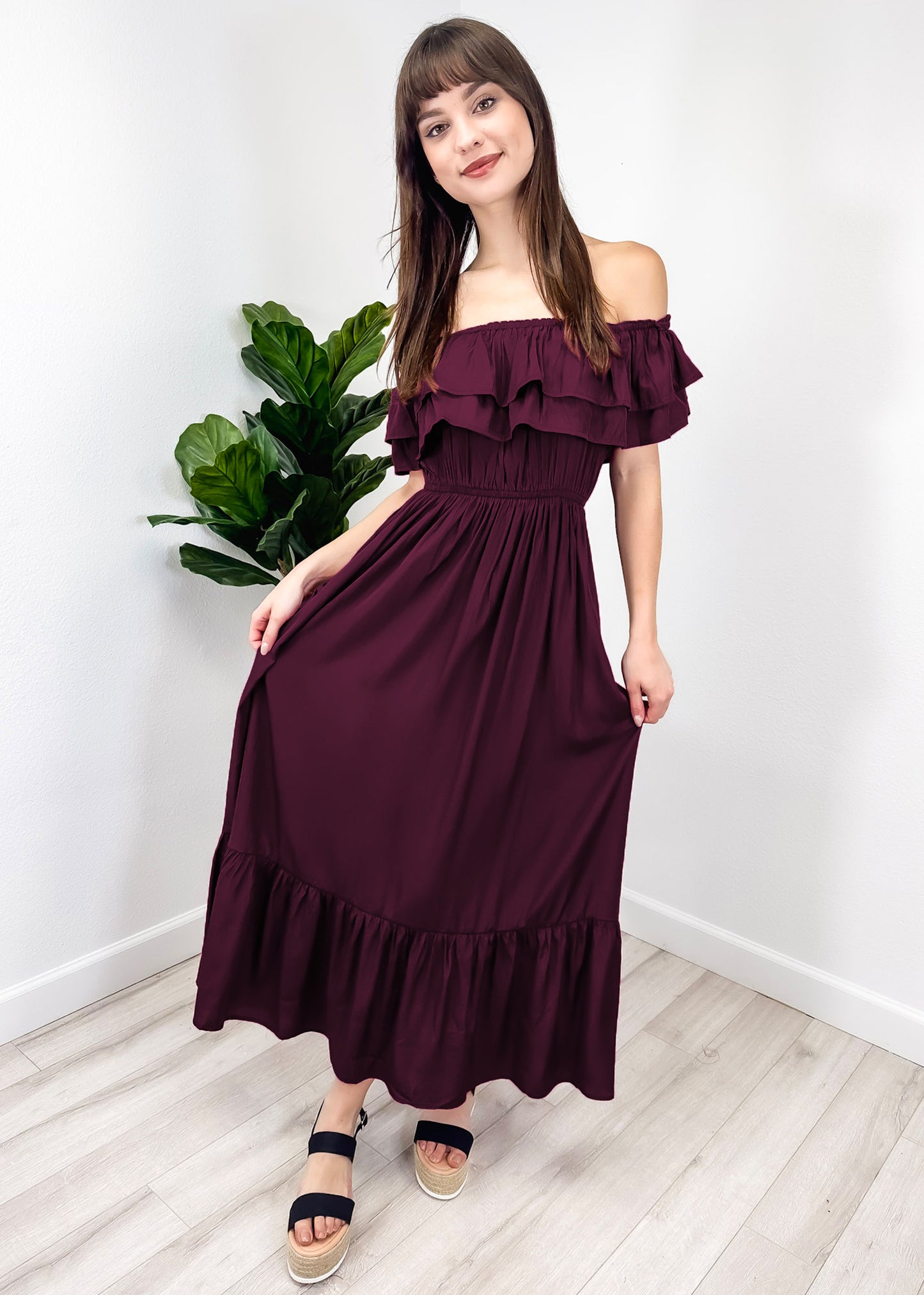 Grecian Ruffle Stretch Maxi Long Dress