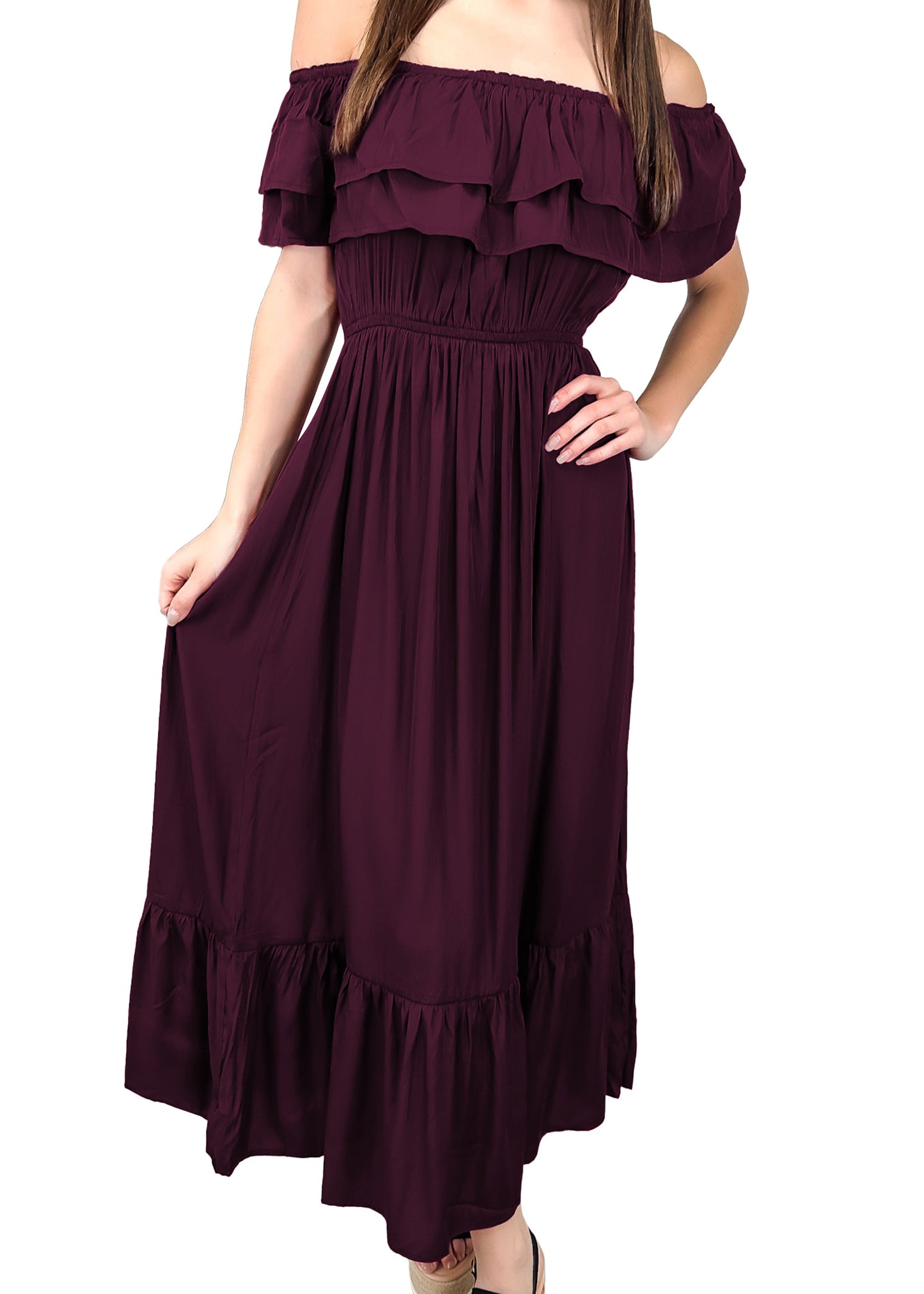 Grecian Ruffle Stretch Maxi Long Dress