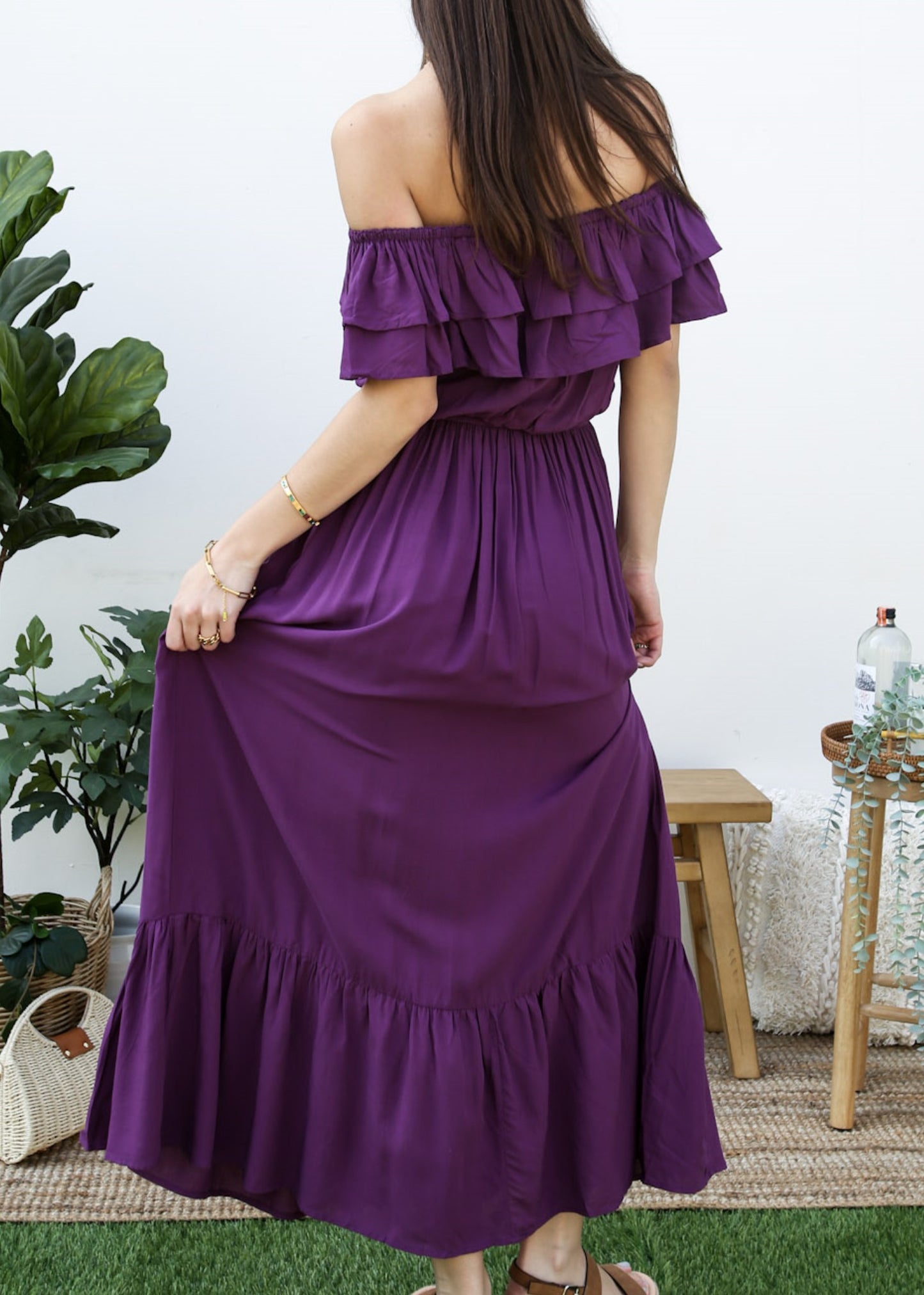 Grecian Ruffle Stretch Maxi Long Dress