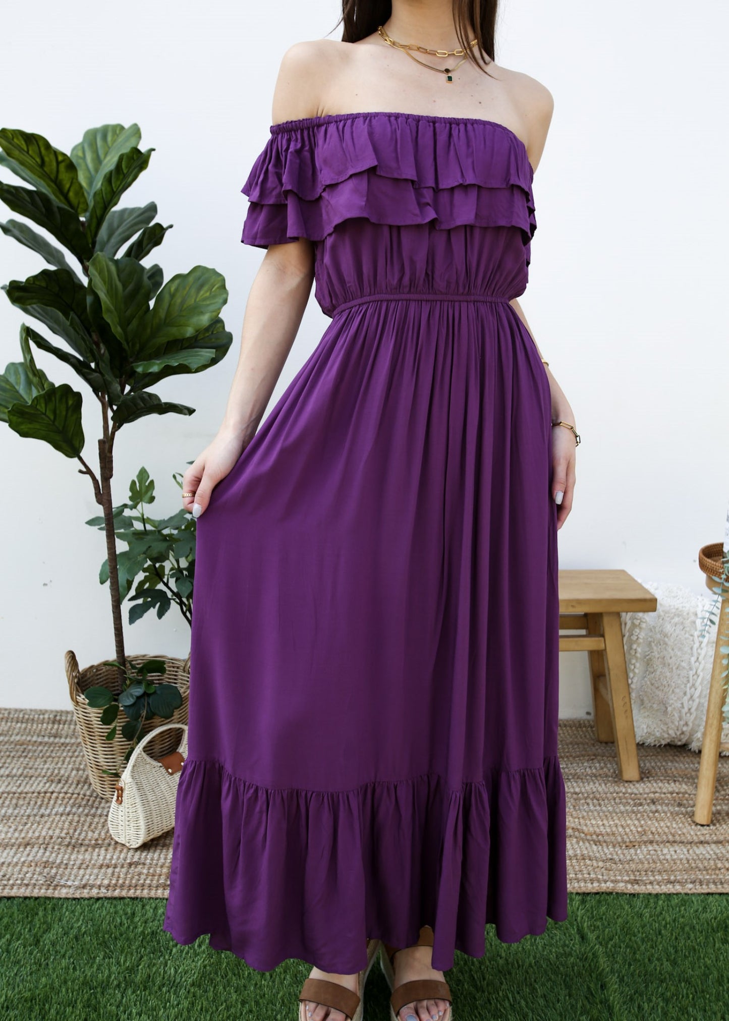 Grecian Ruffle Stretch Maxi Long Dress