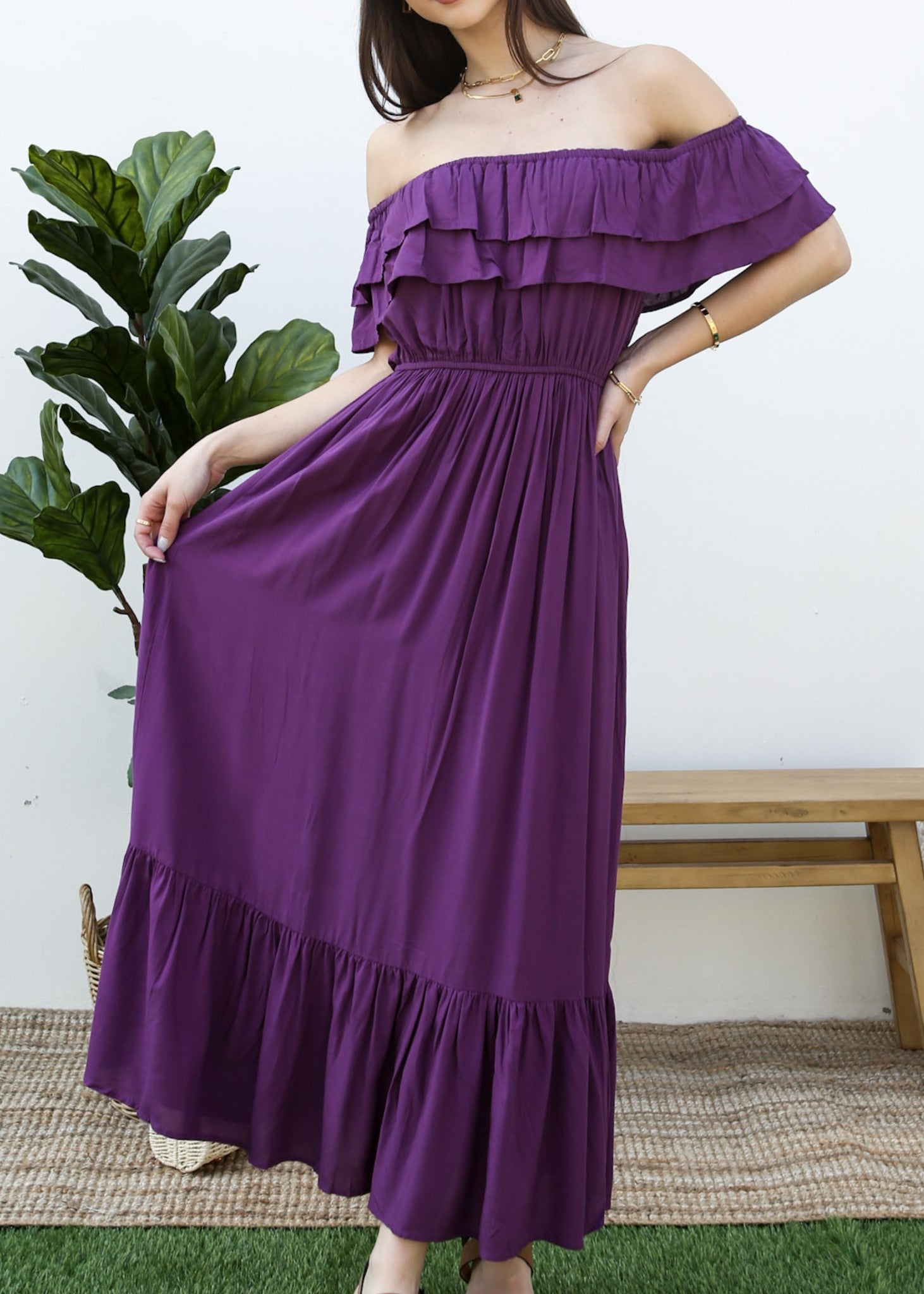 Vestido largo elástico con volantes de estilo griego