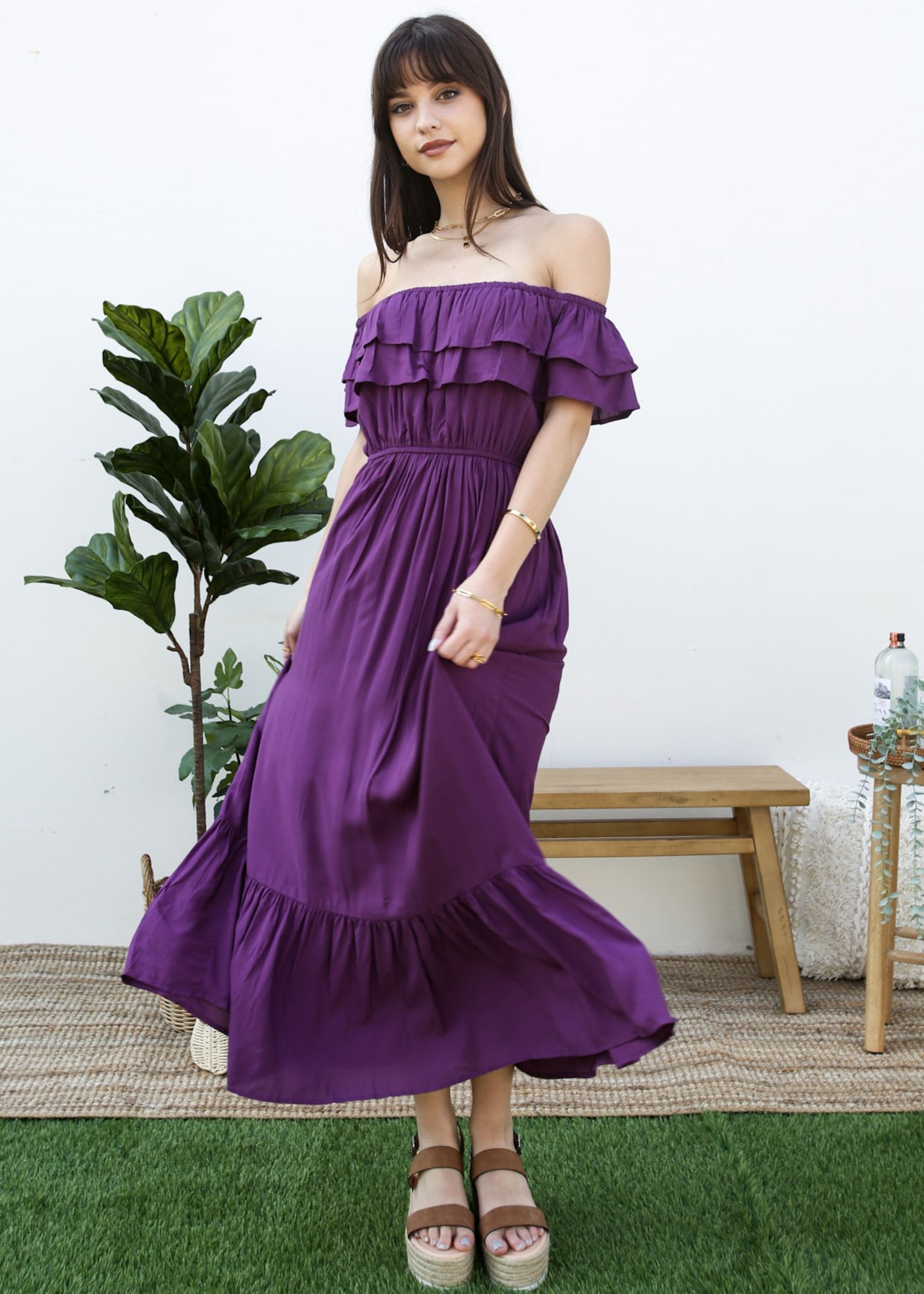 Grecian Ruffle Stretch Maxi Long Dress