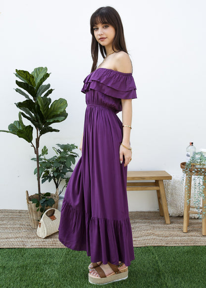 Grecian Ruffle Stretch Maxi Long Dress