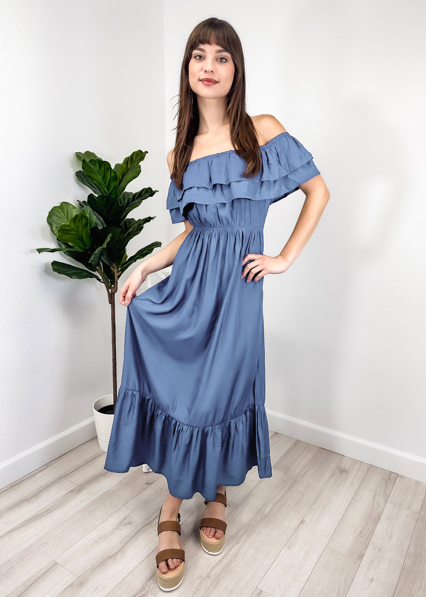 Vestido largo elástico con volantes de estilo griego