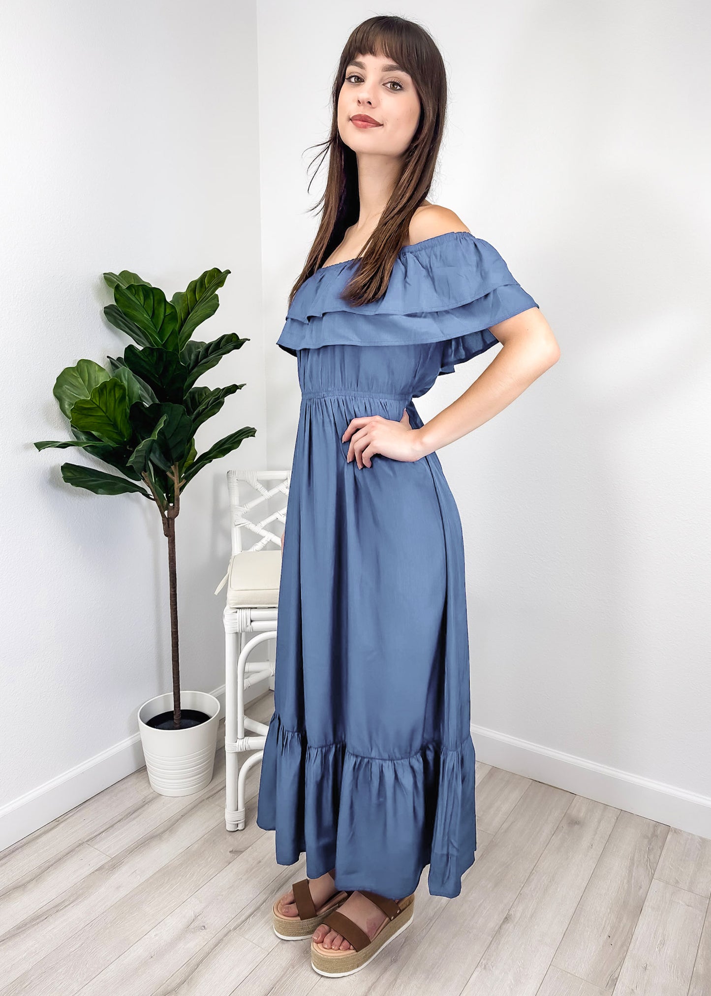 Grecian Ruffle Stretch Maxi Long Dress