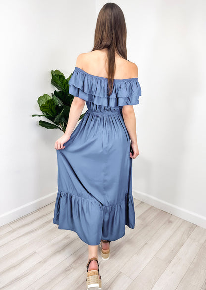 Grecian Ruffle Stretch Maxi Long Dress