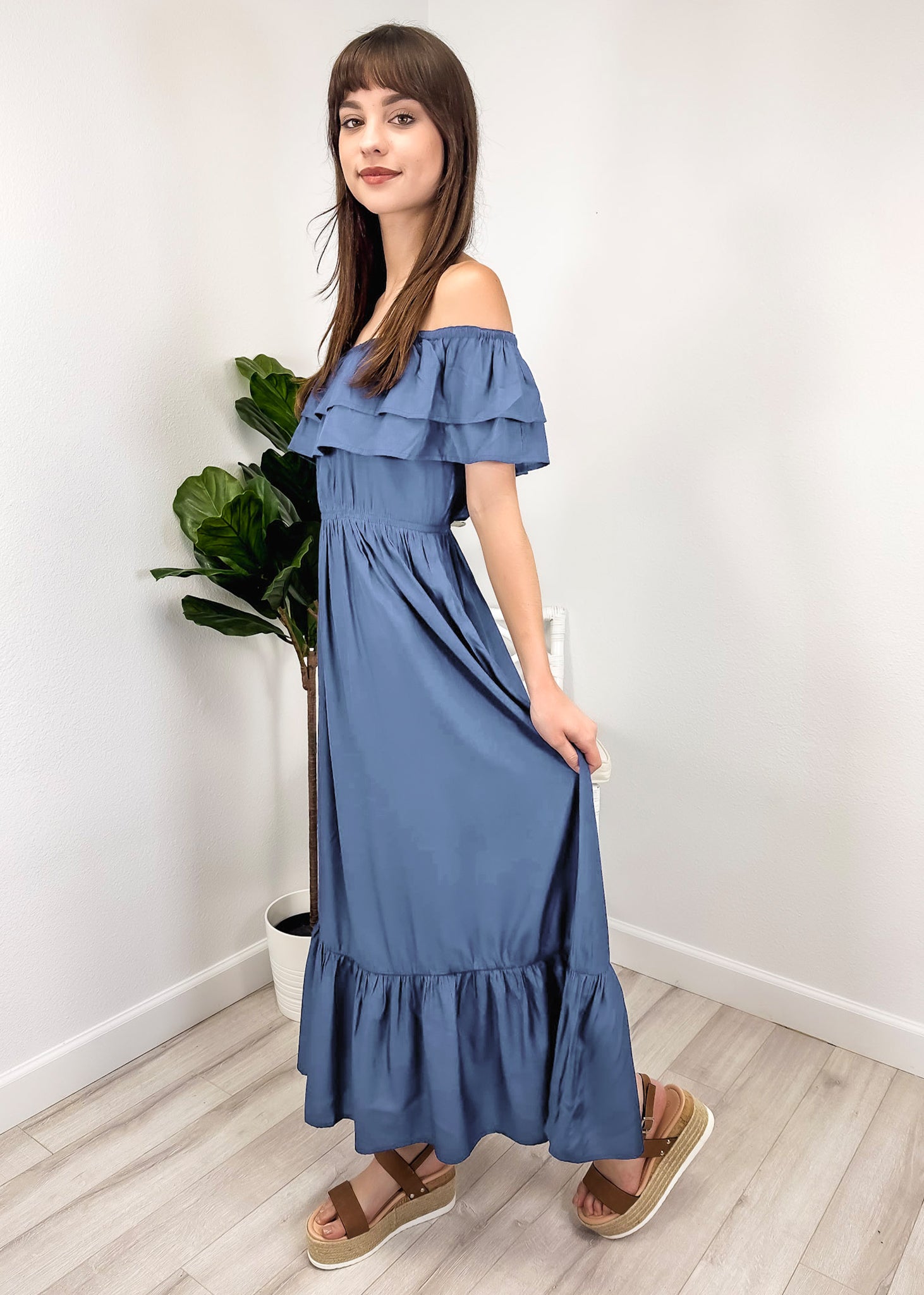 Vestido largo elástico con volantes de estilo griego
