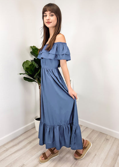 Grecian Ruffle Stretch Maxi Long Dress