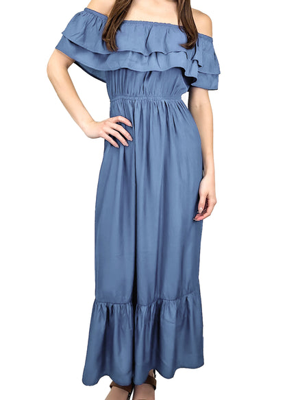 Grecian Ruffle Stretch Maxi Long Dress
