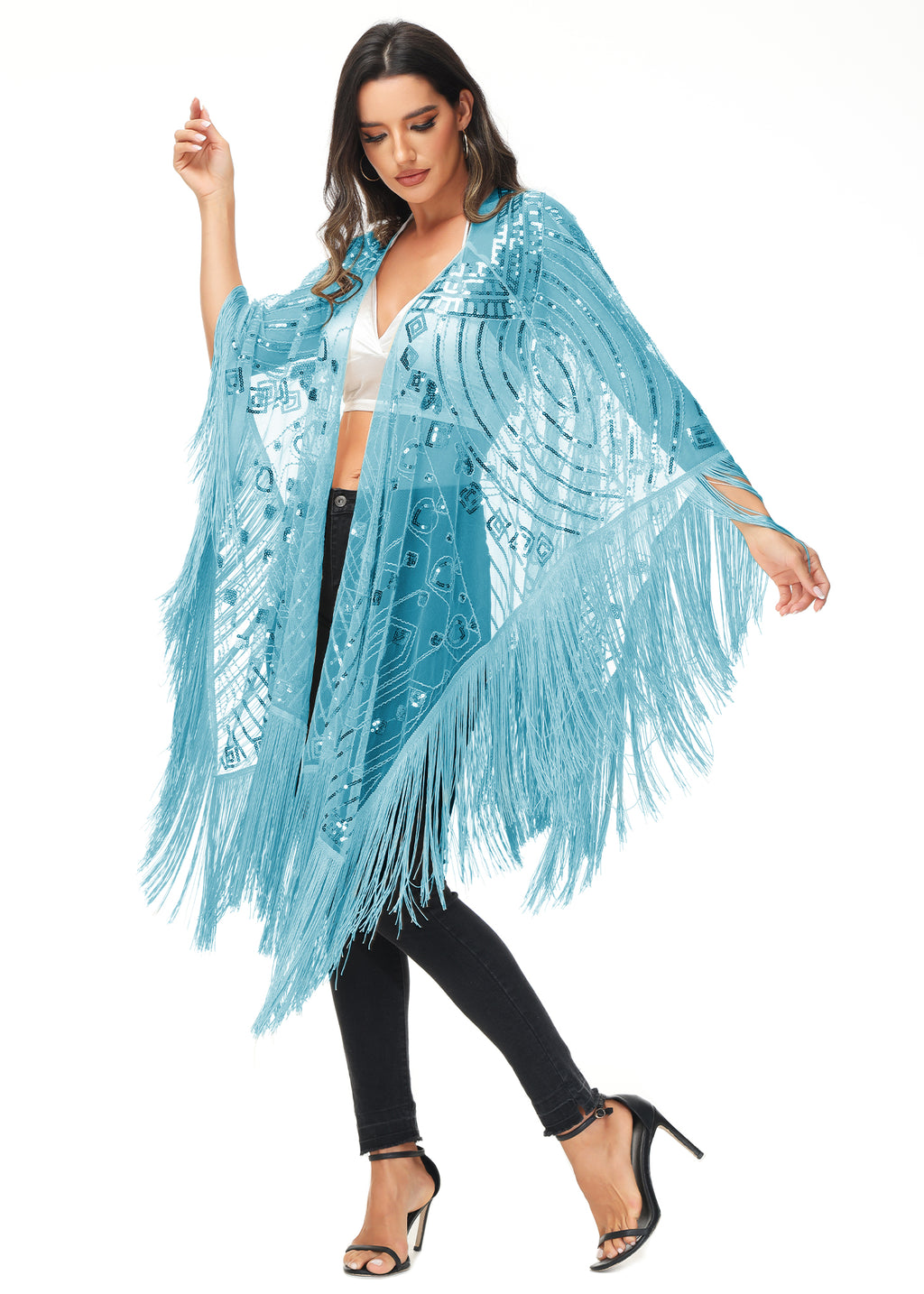 Anna-Kaci Womens Oversize Hand Beaded Fringed Sequin Evening Shawl Wrap