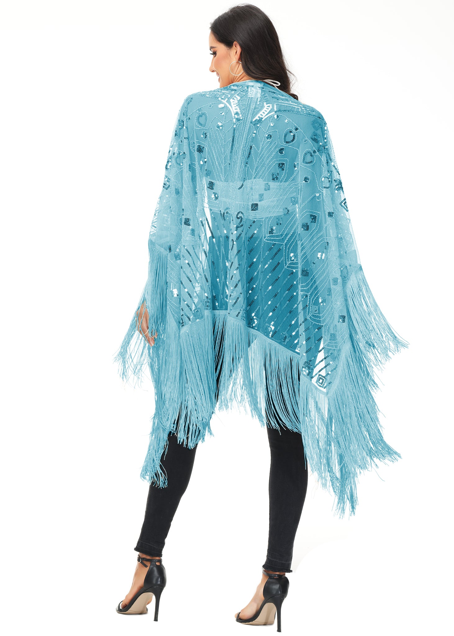 Anna-Kaci Womens Oversize Hand Beaded Fringed Sequin Evening Shawl Wrap