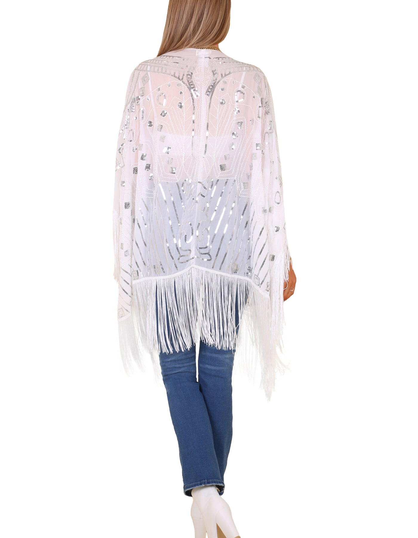 Anna-Kaci Womens Oversize Hand Beaded Fringed Sequin Evening Shawl Wrap