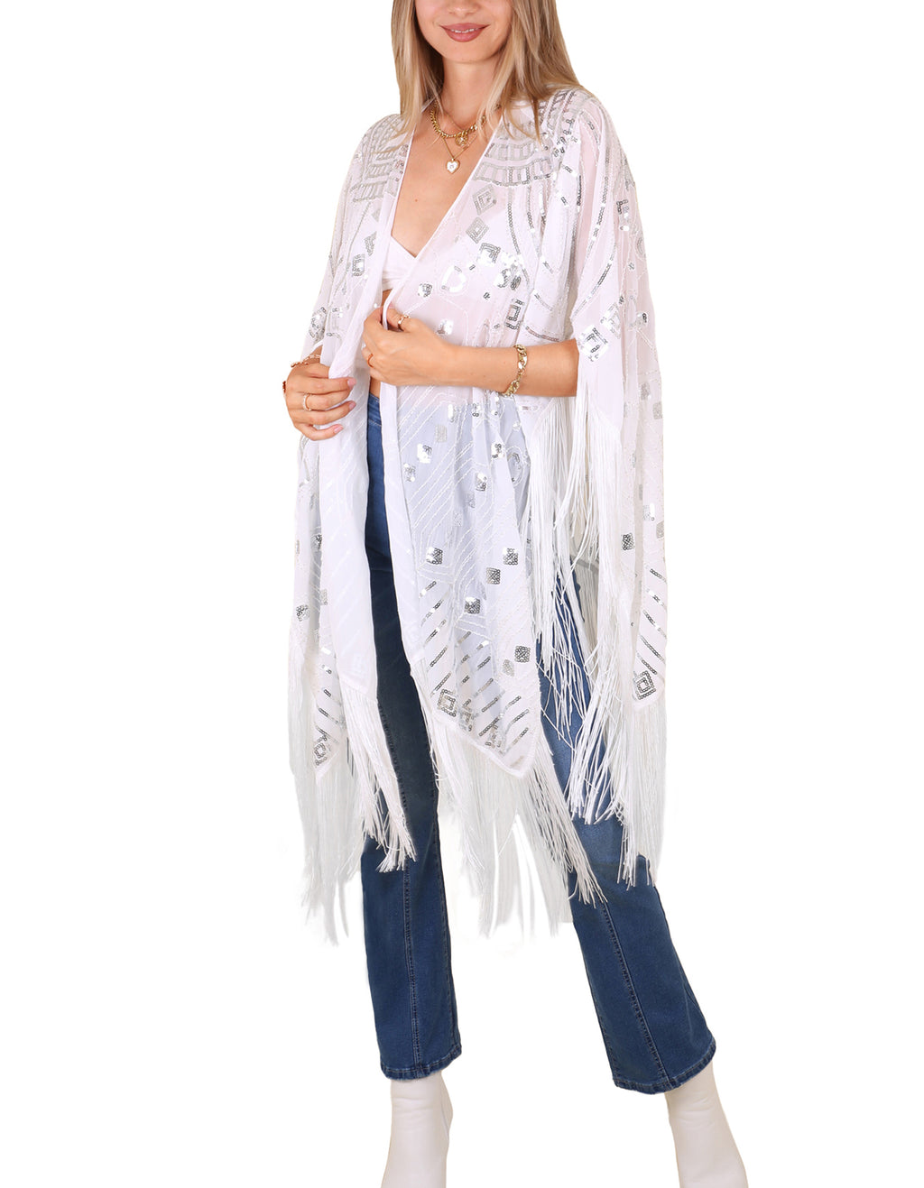 Anna-Kaci Womens Oversize Hand Beaded Fringed Sequin Evening Shawl Wrap