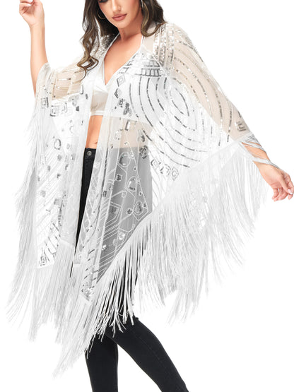 Anna-Kaci Womens Oversize Hand Beaded Fringed Sequin Evening Shawl Wrap