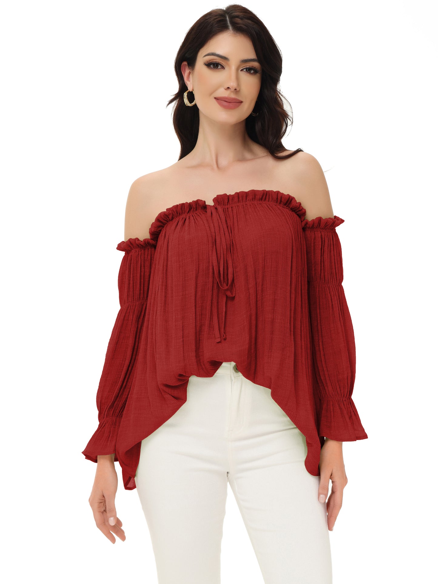 Blusa estilo bohemio semitransparente con hombros descubiertos