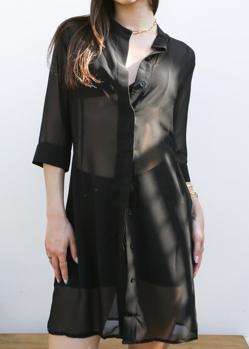 Anna-Kaci Women's Junior Black Sheer Chiffon Long Tunic Blouse Dress Shirt