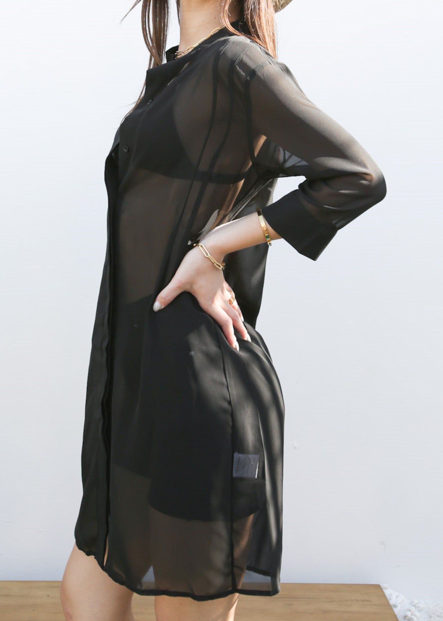 Womens Black Sheer Chiffon Long Tunic Blouse Dress Shirt | Anna-Kaci