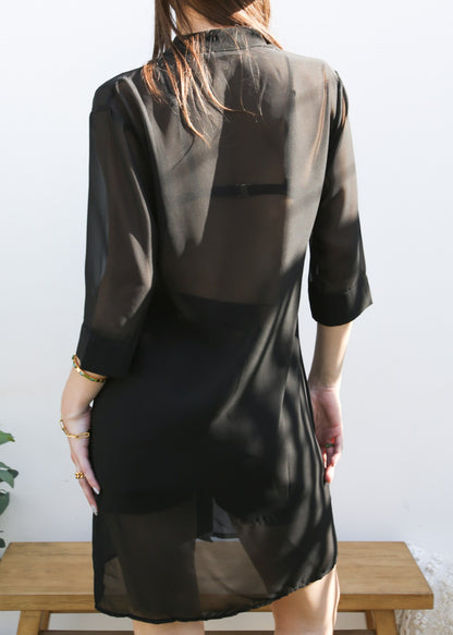 Blusa tipo túnica larga de gasa transparente negra para mujer joven