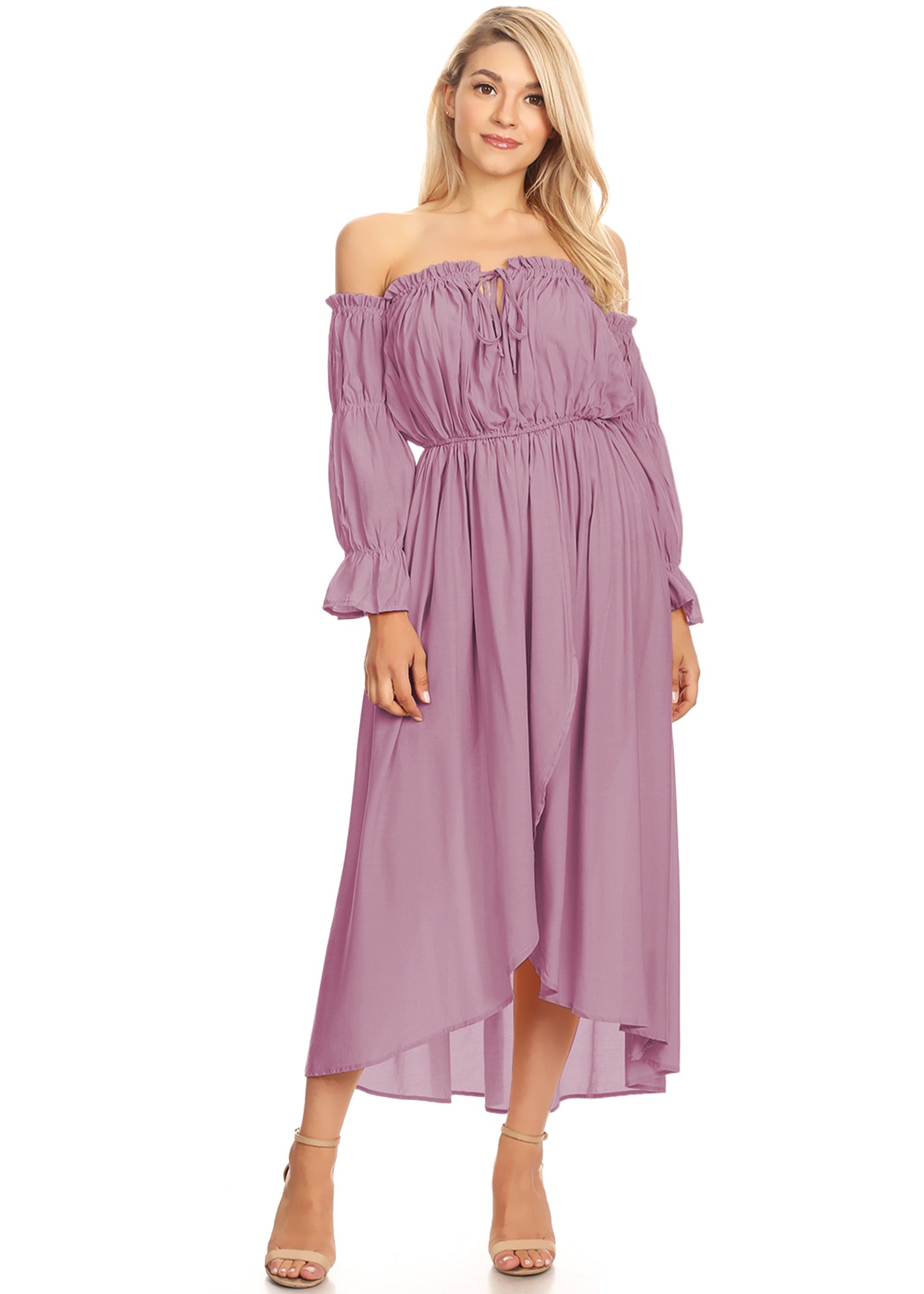 Vestido renacentista informal de manga larga con hombros descubiertos y estilo bohemio