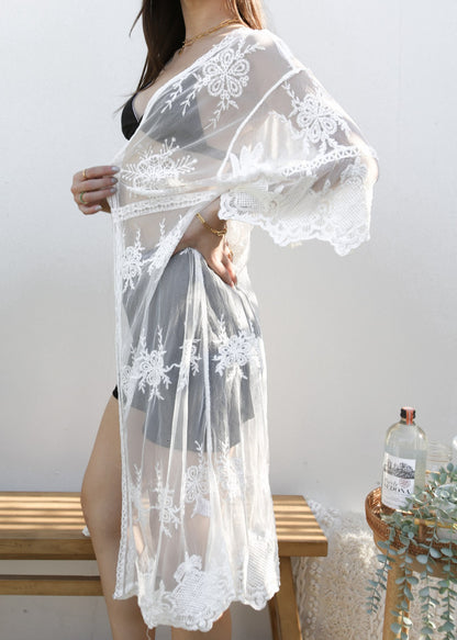 Kimono largo con bordado de encaje floral