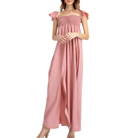 Anna-Kaci Women's Ruffled Cap Sleeve Maxi Slit Dress
