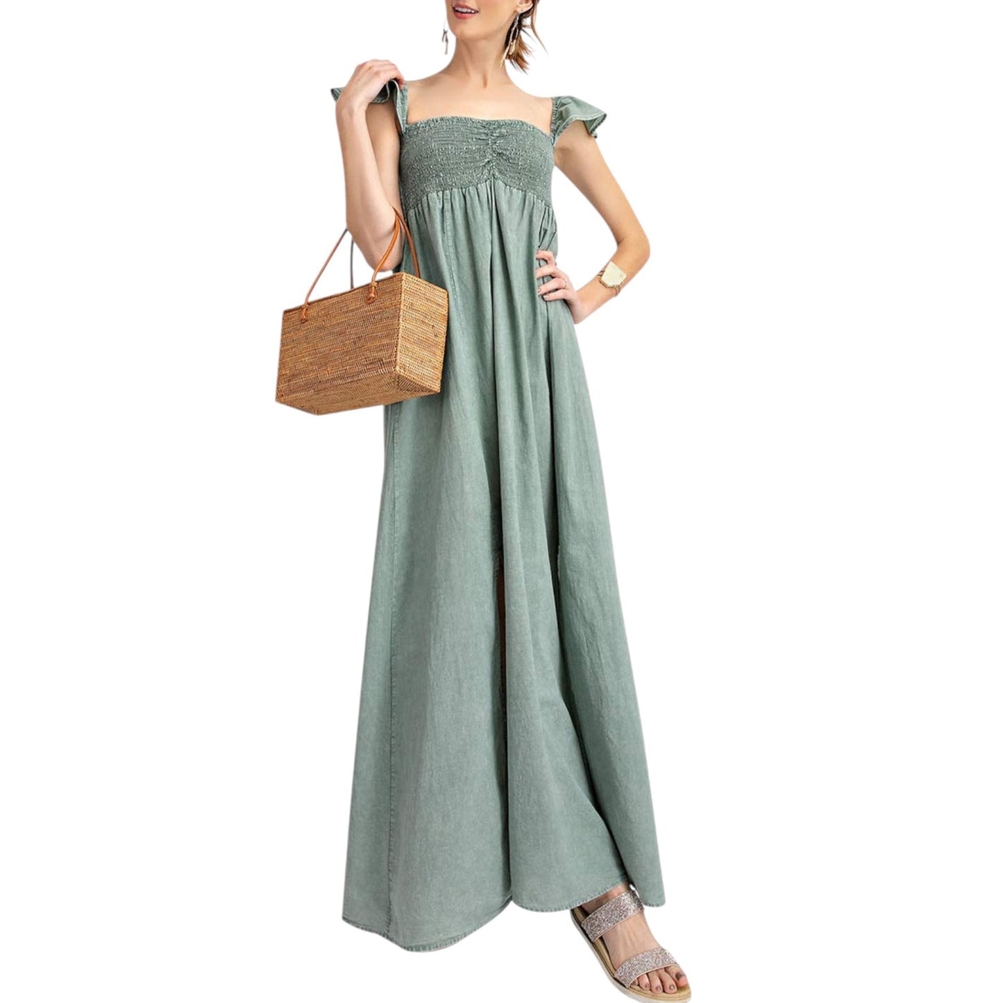 Anna-Kaci Women's Ruffled Cap Sleeve Maxi Slit Dress