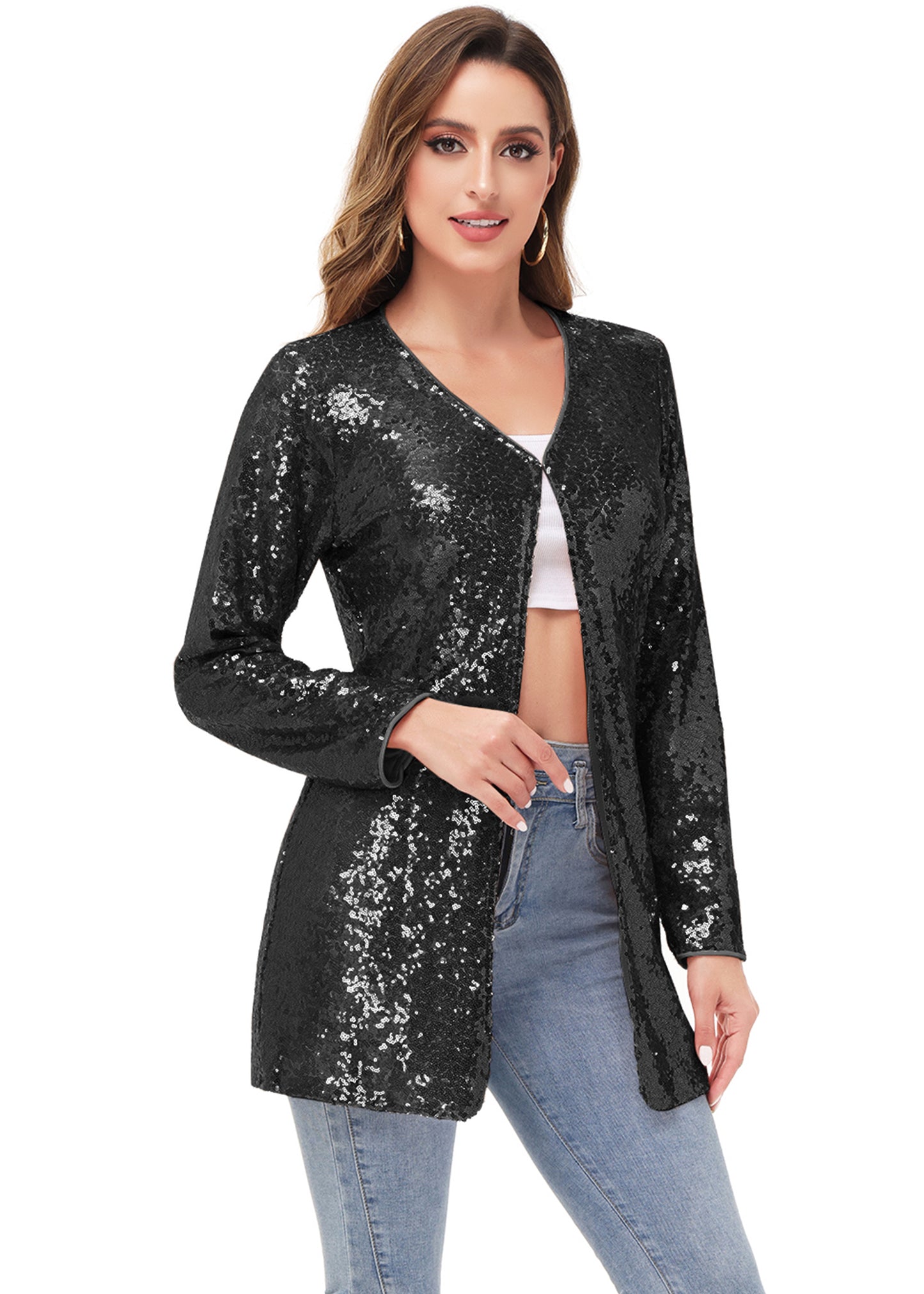 Chaqueta de cóctel con lentejuelas y parte delantera abierta