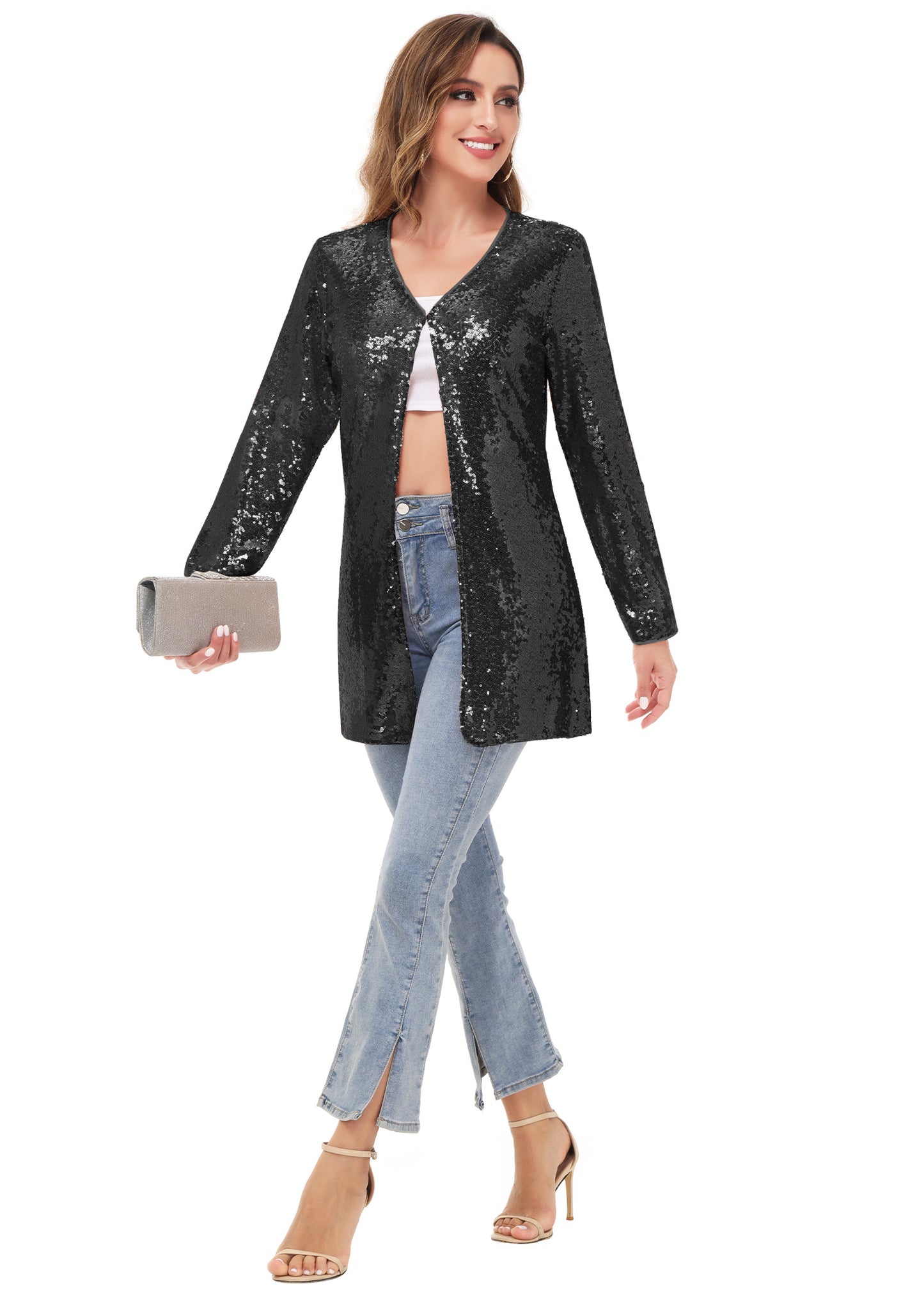 Chaqueta de cóctel con lentejuelas y parte delantera abierta