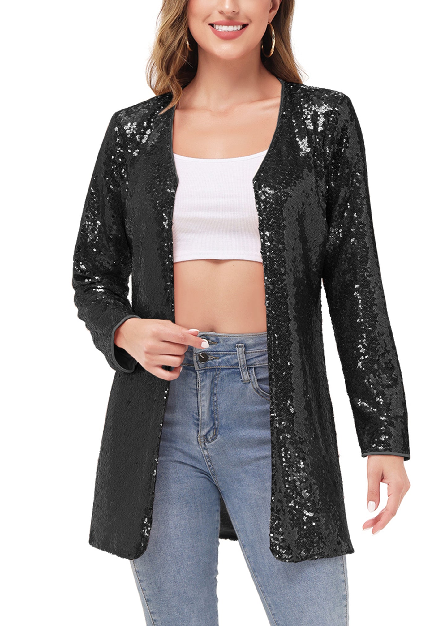 Chaqueta de cóctel con lentejuelas y parte delantera abierta