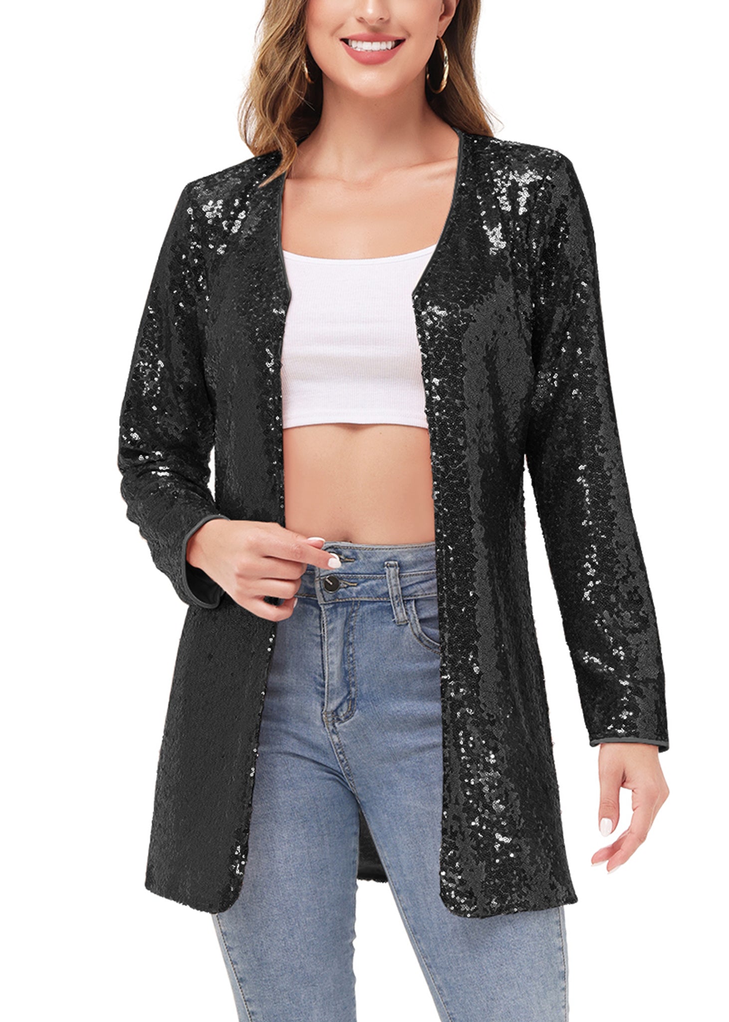 Chaqueta de cóctel con lentejuelas y parte delantera abierta
