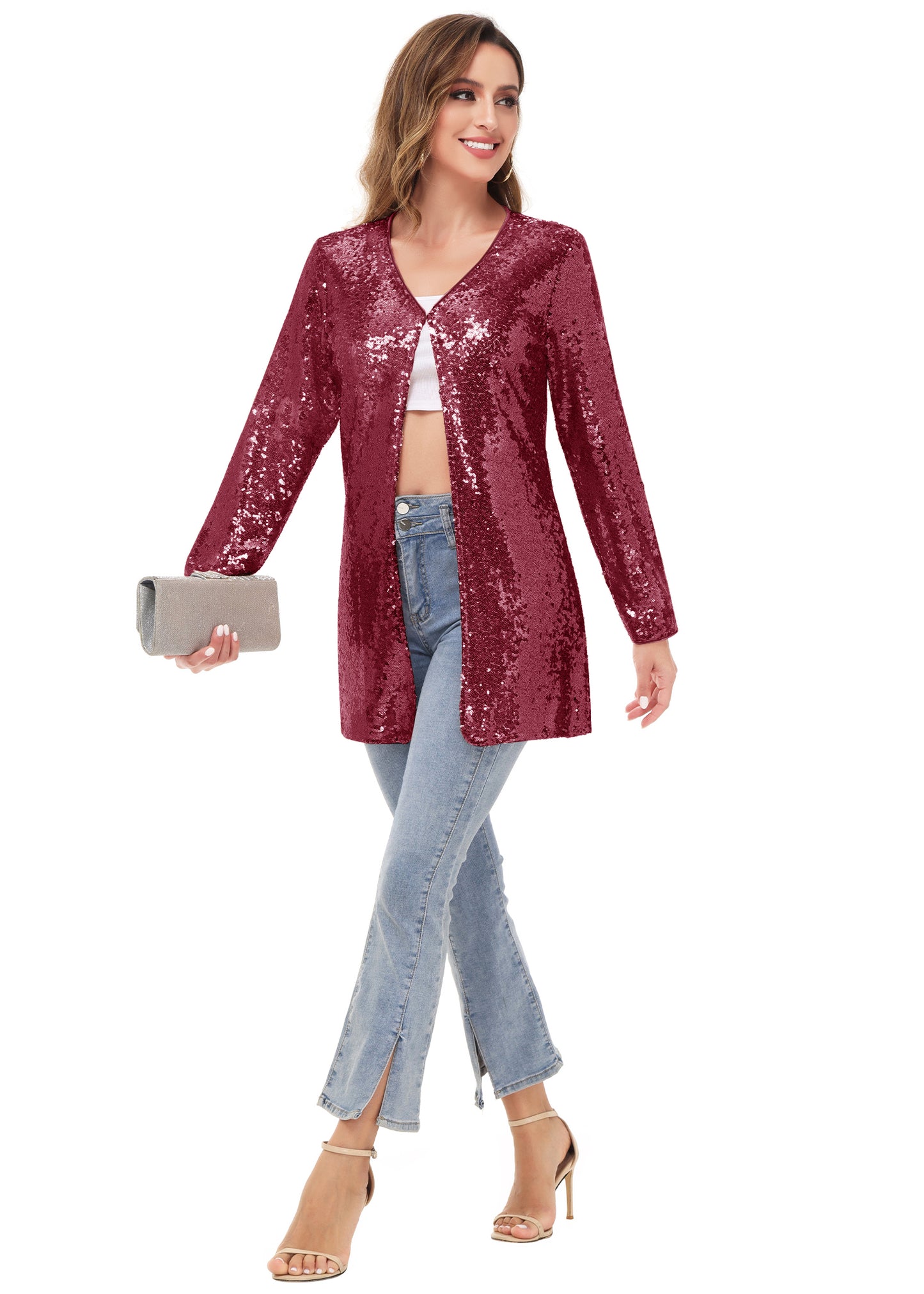 Chaqueta de cóctel con lentejuelas y parte delantera abierta