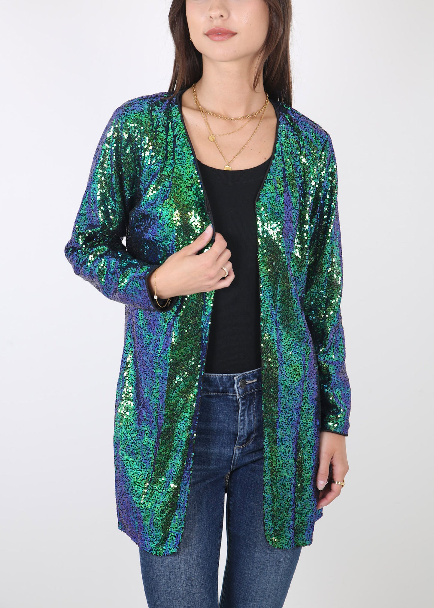 Chaqueta de cóctel con lentejuelas y parte delantera abierta