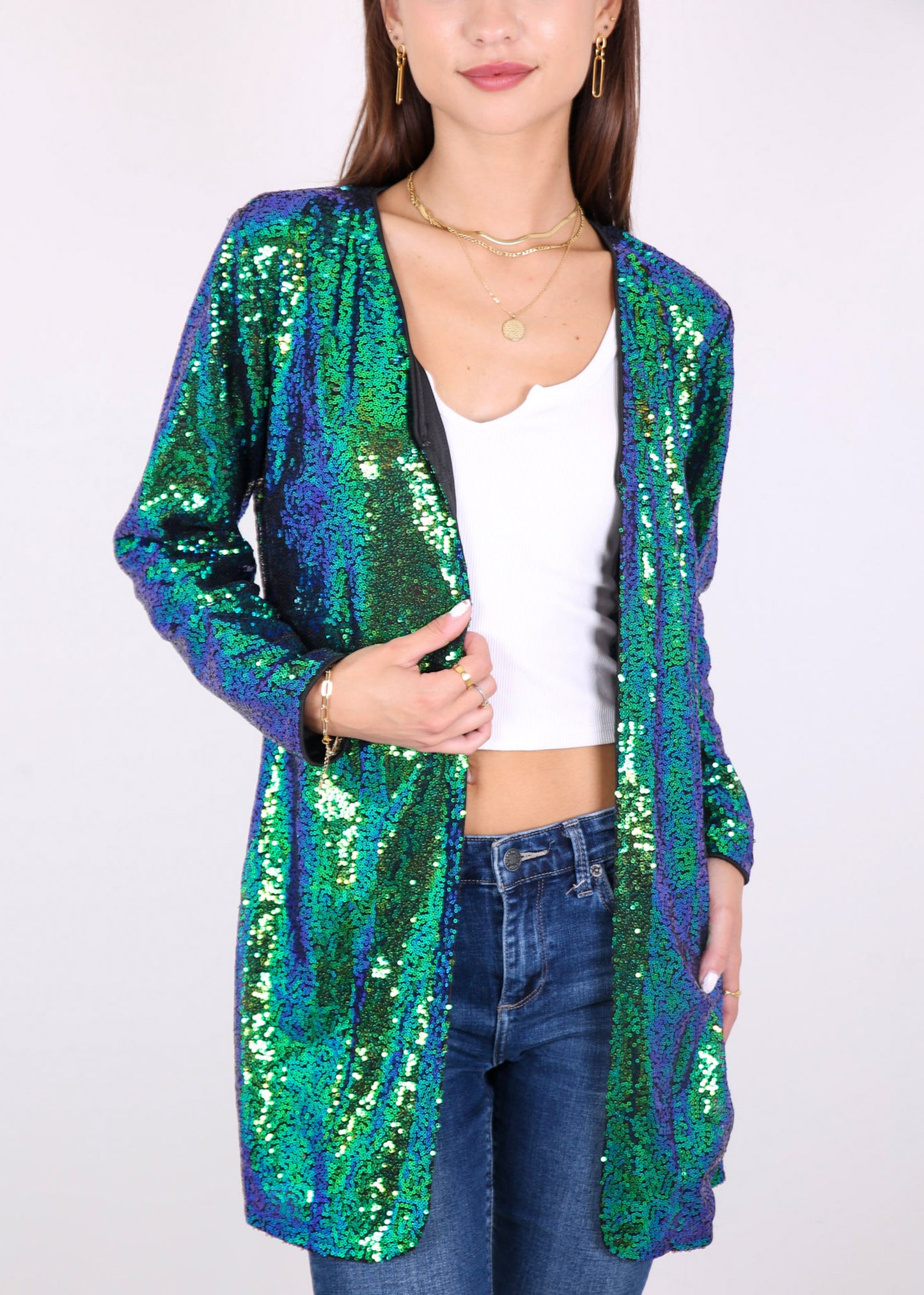 Chaqueta de cóctel con lentejuelas y parte delantera abierta