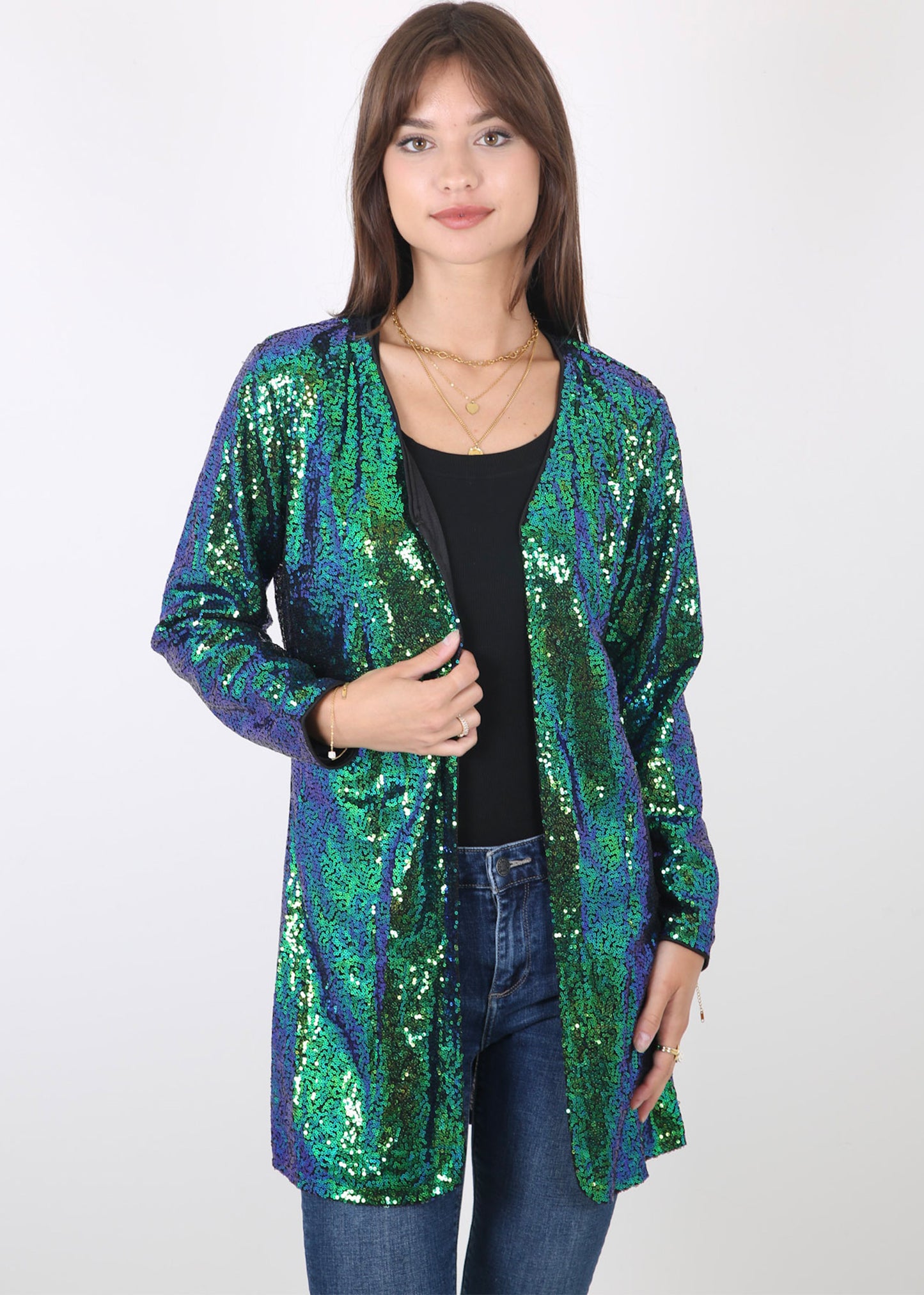 Chaqueta de cóctel con lentejuelas y parte delantera abierta
