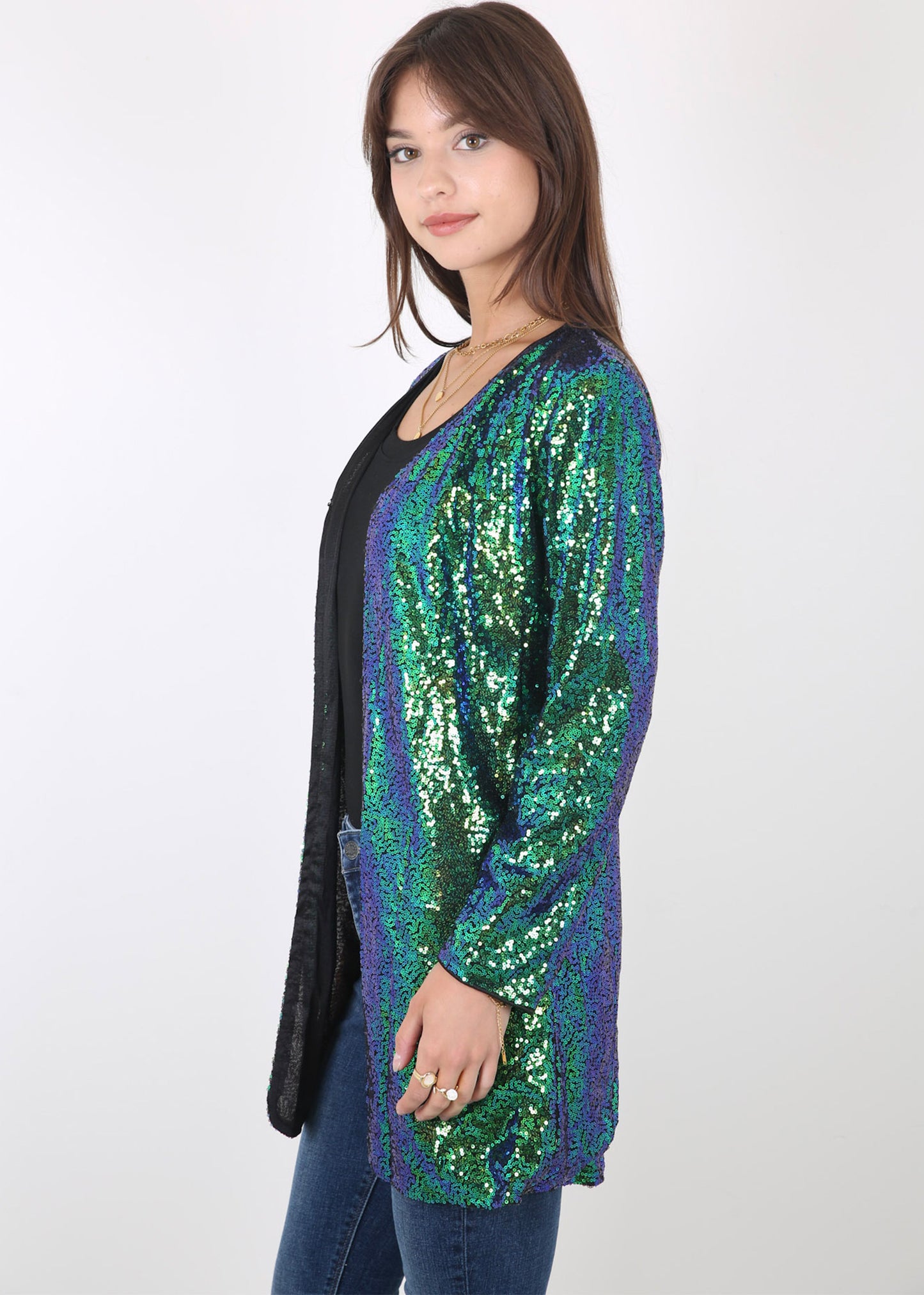 Chaqueta de cóctel con lentejuelas y parte delantera abierta