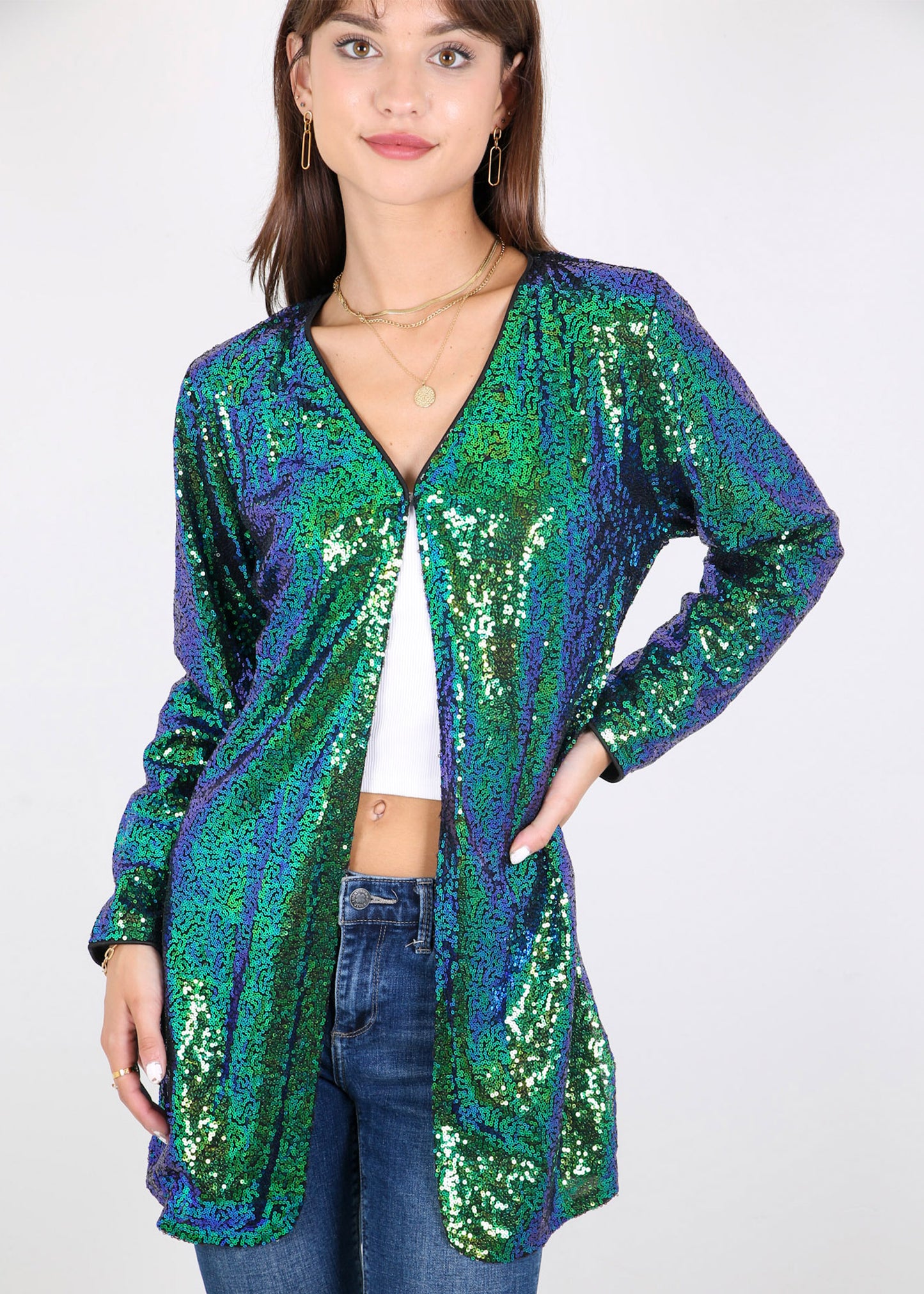 Chaqueta de cóctel con lentejuelas y parte delantera abierta