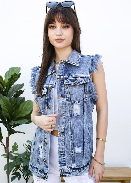 Oversize Distressed Sleeveless Denim Vest