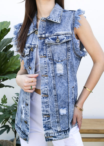 Oversize Distressed Sleeveless Denim Vest