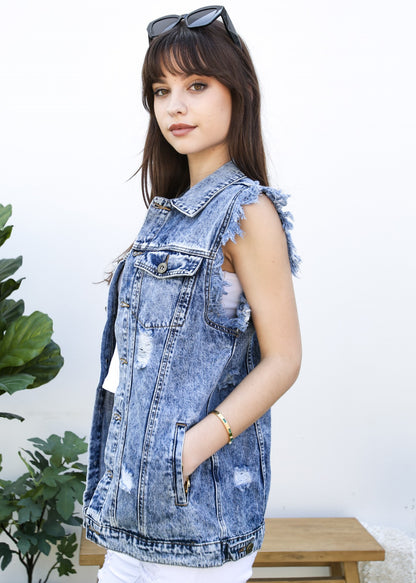 Oversize Distressed Sleeveless Denim Vest