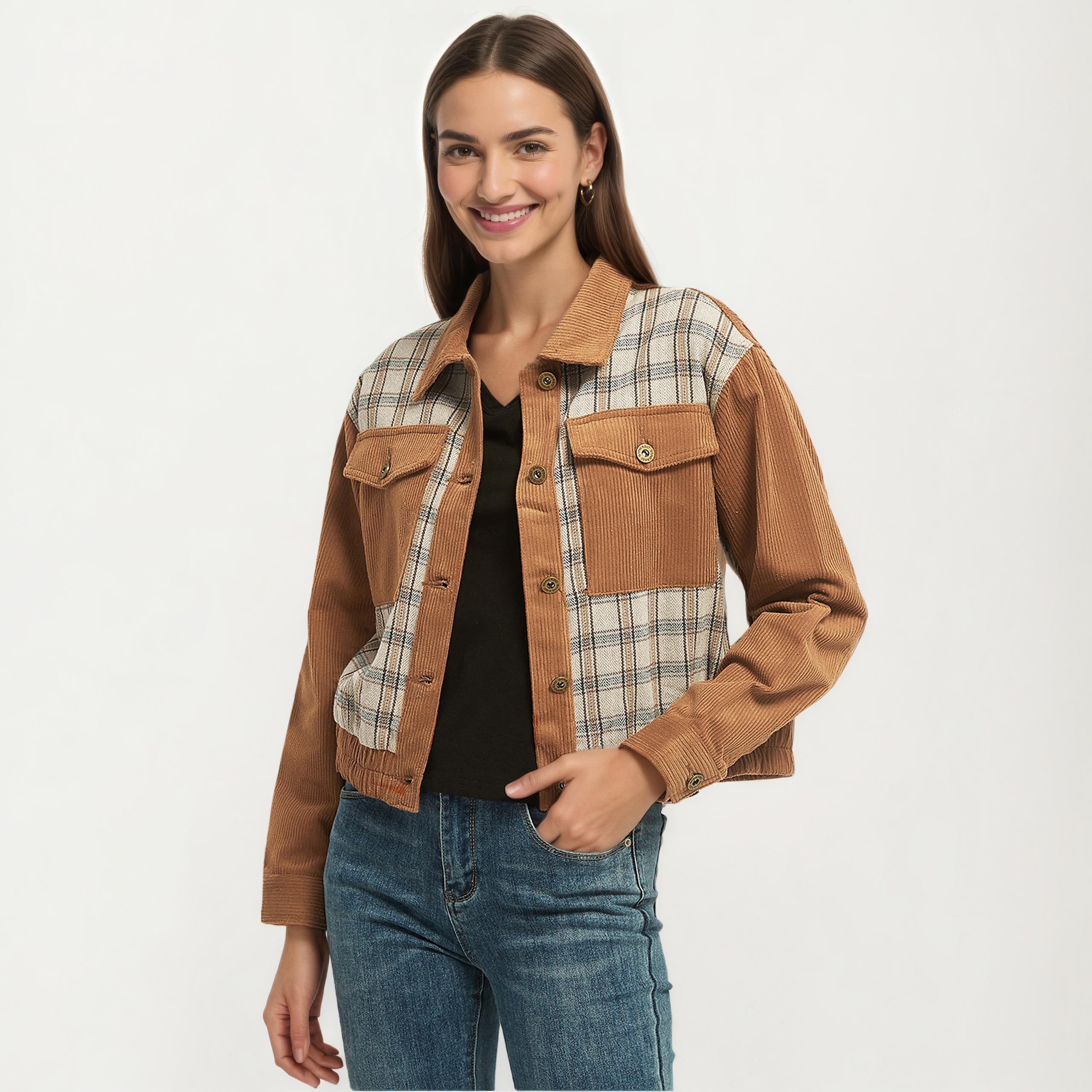 Anna-Kaci Women's Button Front Utility Jacket with Soft Corduroy Texture and Structured Collar Design
