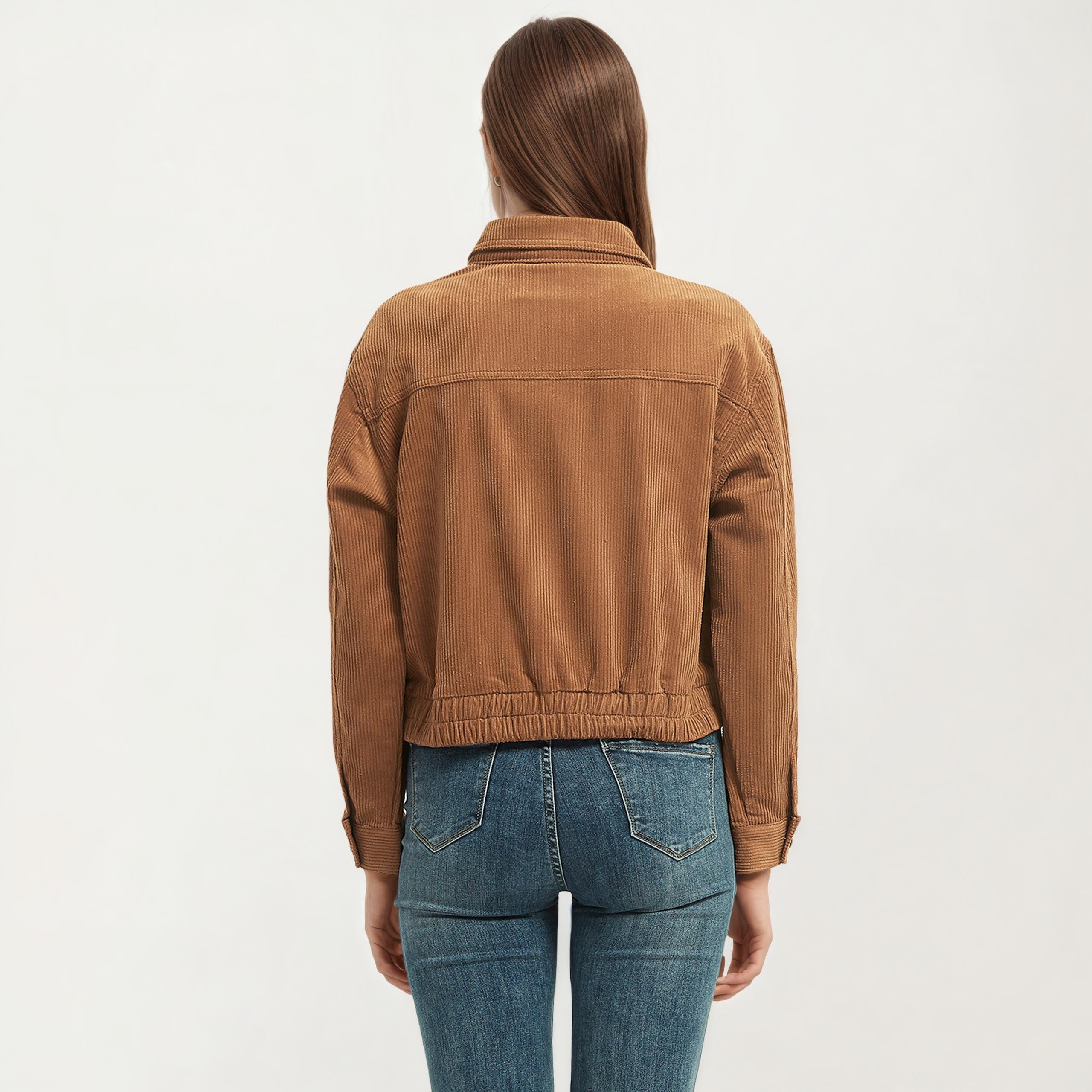Anna-Kaci Women's Button Front Utility Jacket with Soft Corduroy Texture and Structured Collar Design