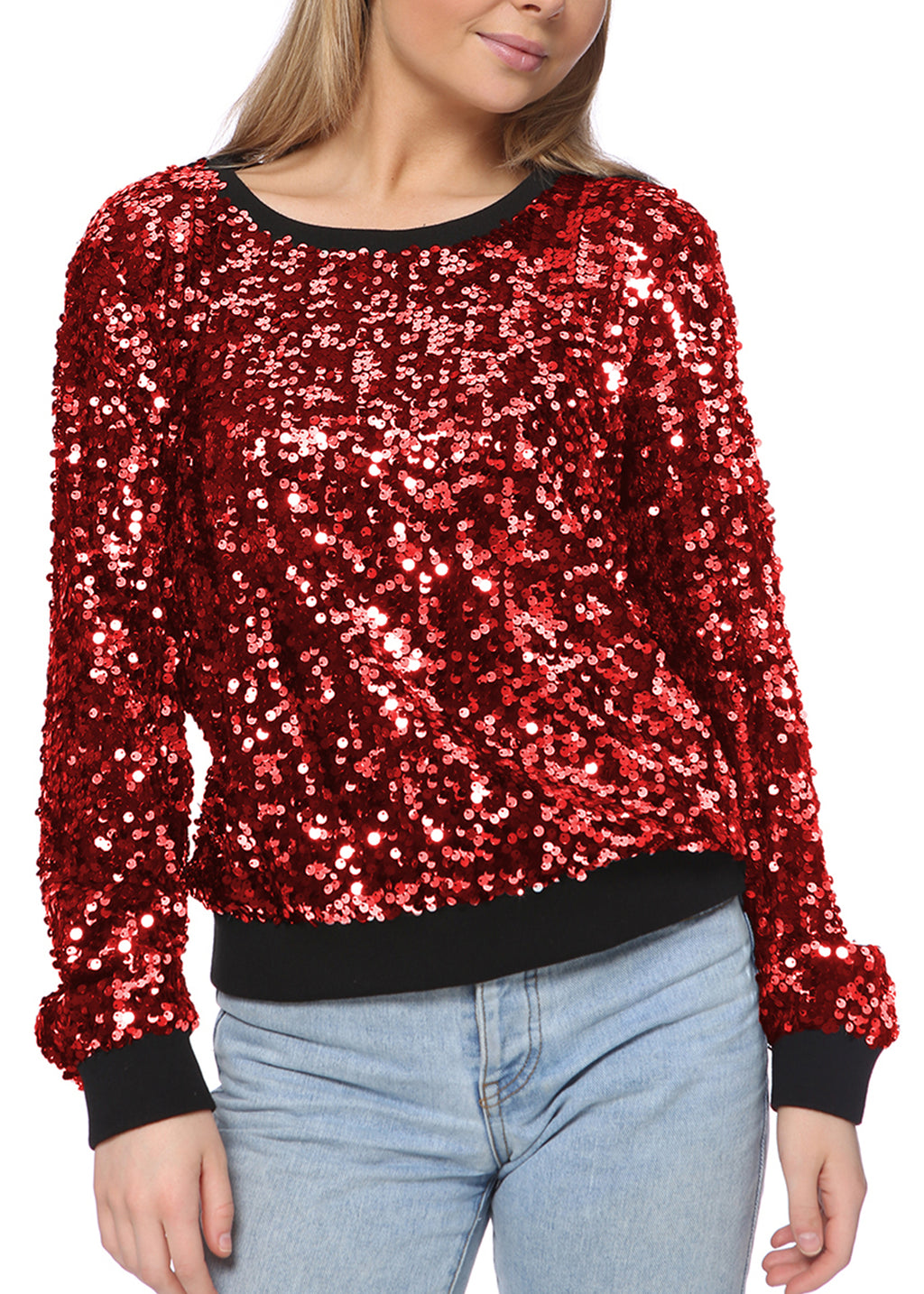 Sudadera con lentejuelas, cuello redondo, manga larga, puños acanalados, ropa de abrigo