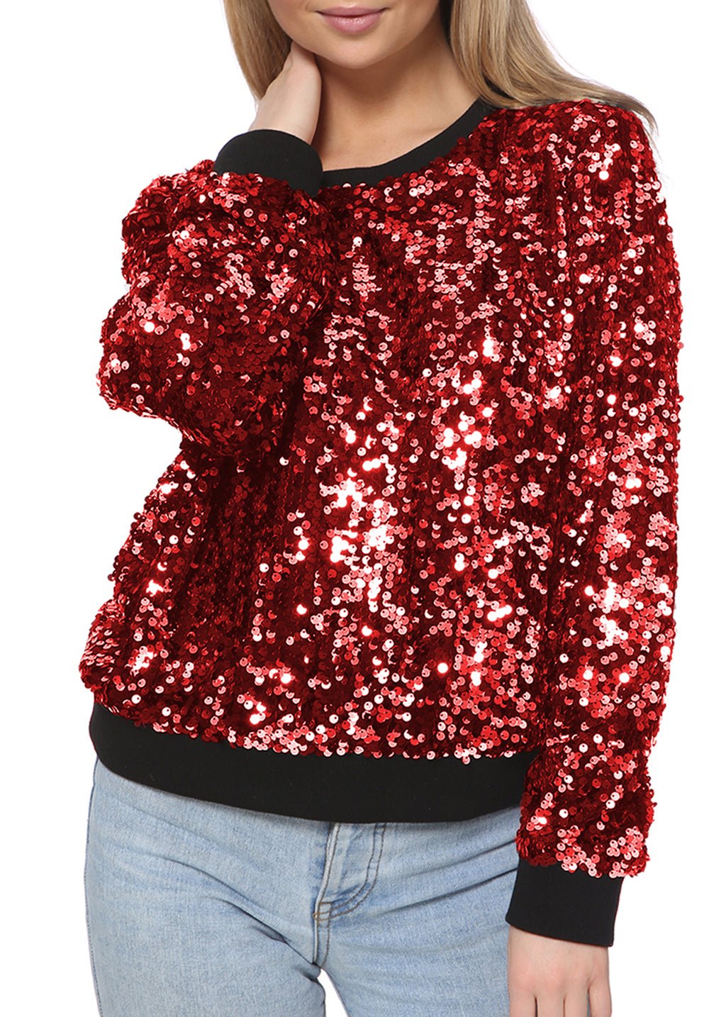 Sudadera con lentejuelas, cuello redondo, manga larga, puños acanalados, ropa de abrigo