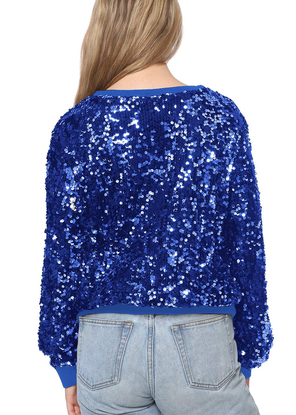 Sudadera con lentejuelas, cuello redondo, manga larga, puños acanalados, ropa de abrigo