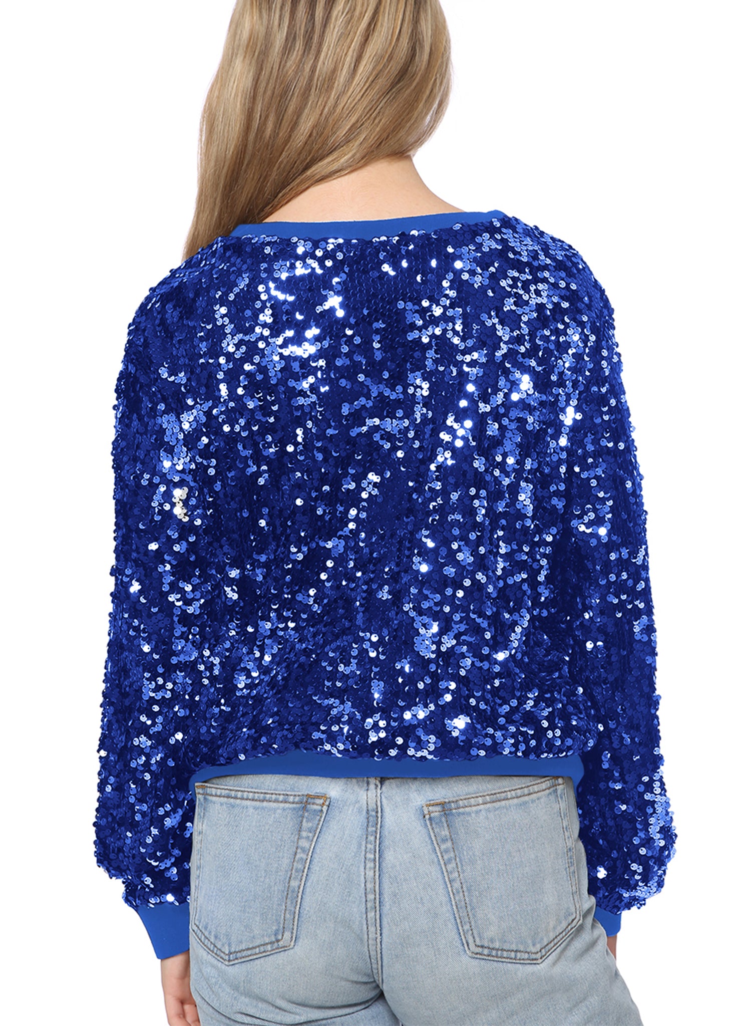 Sudadera con lentejuelas, cuello redondo, manga larga, puños acanalados, ropa de abrigo